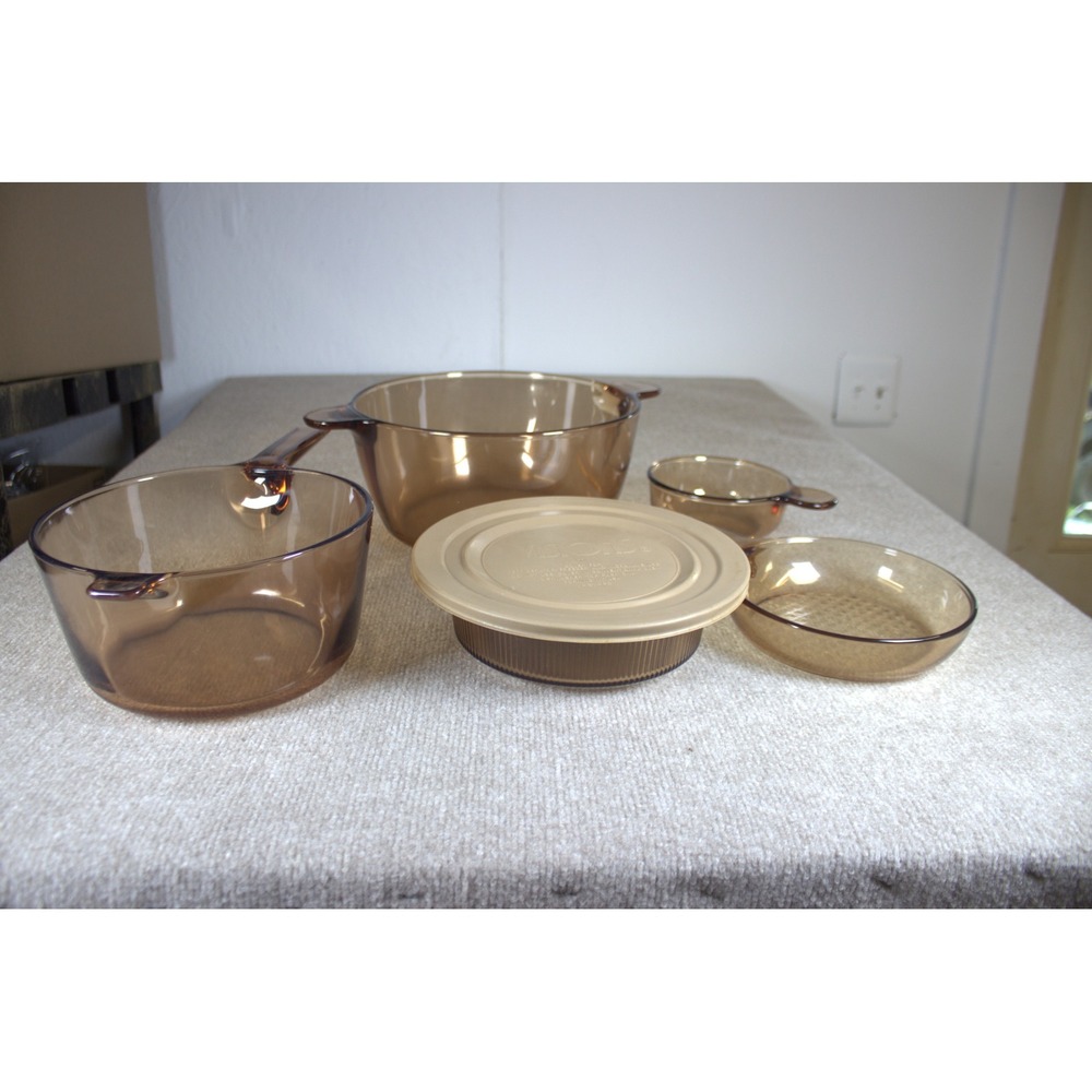 Visions by Corning Amber Glass Cookware Set Pot Pan Skillet 6 Piece Lot USA